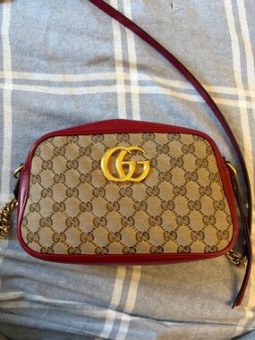 Authentic Gucci Beige Monogram Crossbody with Red Leather Trim and Gold Hardware